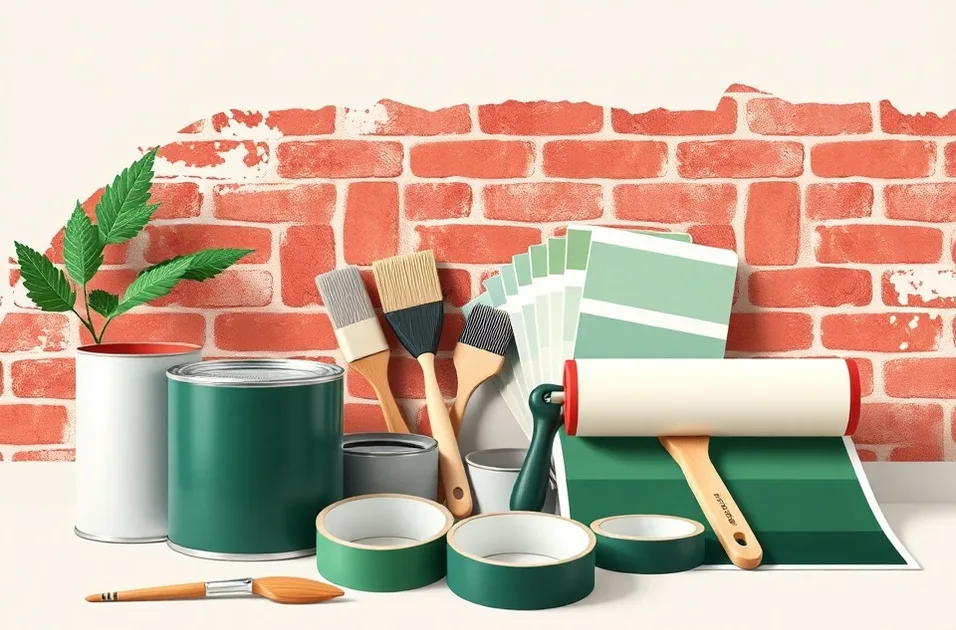 Pots de peinture, nuancier, brosses et rouleaux disposés à plat