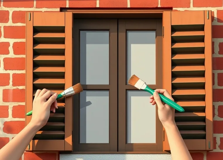 Mise en peinture au pinceau de volets et d'encadrements en bois