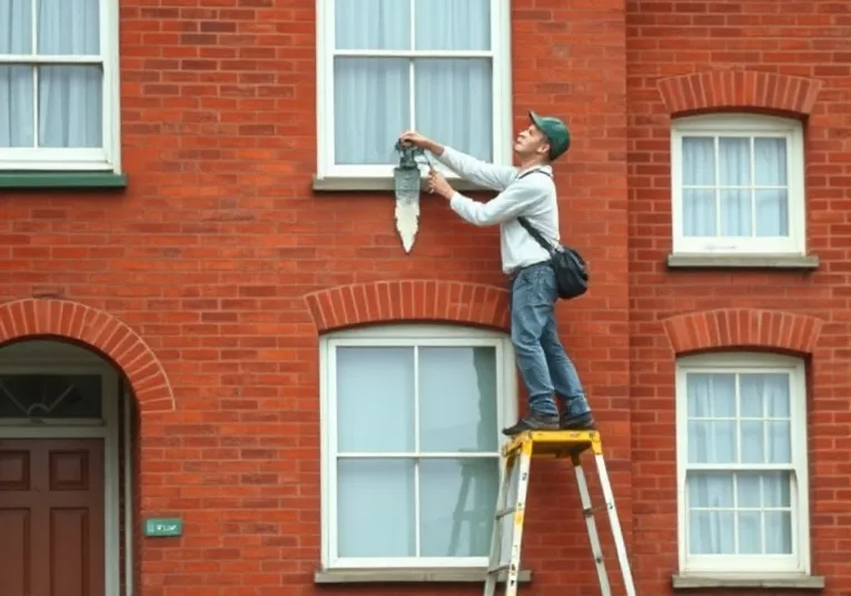 Peintre sur échafaudage traitant la façade d'une maison